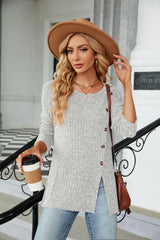 Buttoned Long Sleeve Slit Top - Trendsi