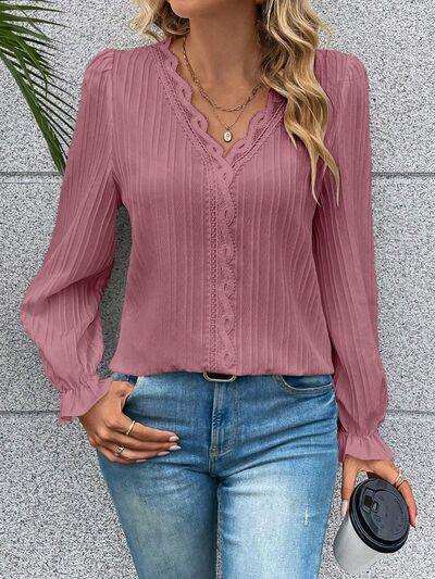 V-Neck Lace Detail Flounce Sleeve Blouse - Trendsi - Flyclothing LLC