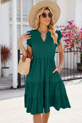 Ruched Notched Cap Sleeve Dress - Trendsi - Flyclothing LLC