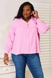 Double Take Exposed Seam Buttoned Notched Neck Blouse - Trendsi