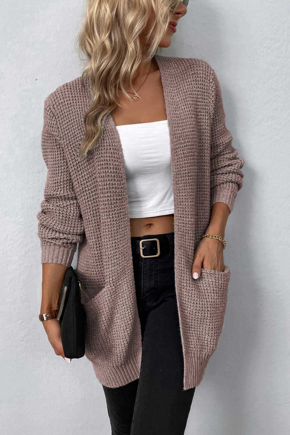 Rib-Knit Open Front Pocketed Cardigan - Trendsi - Flyclothing LLC