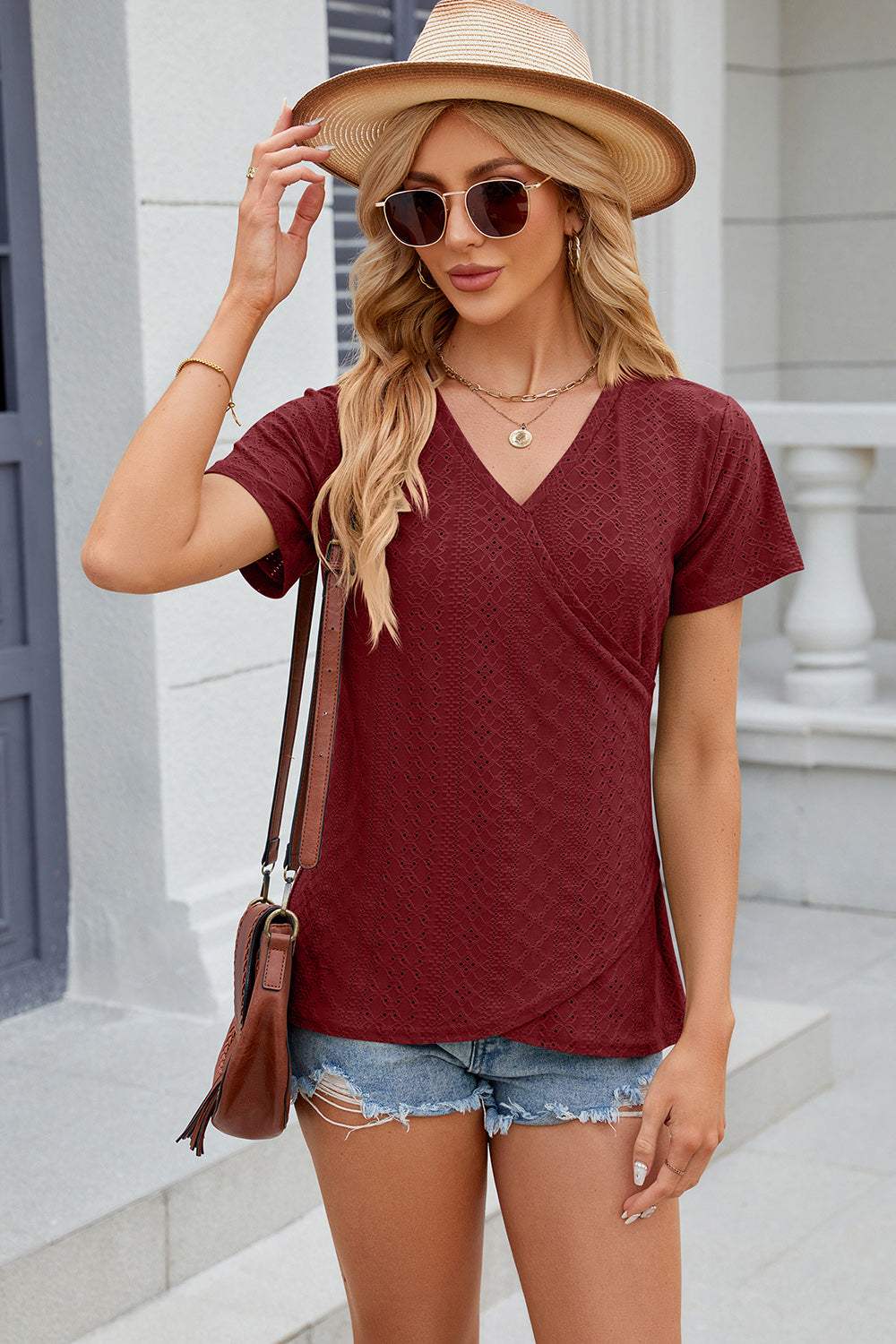 Eyelet Surplice Short Sleeve T-Shirt - Trendsi - Flyclothing LLC