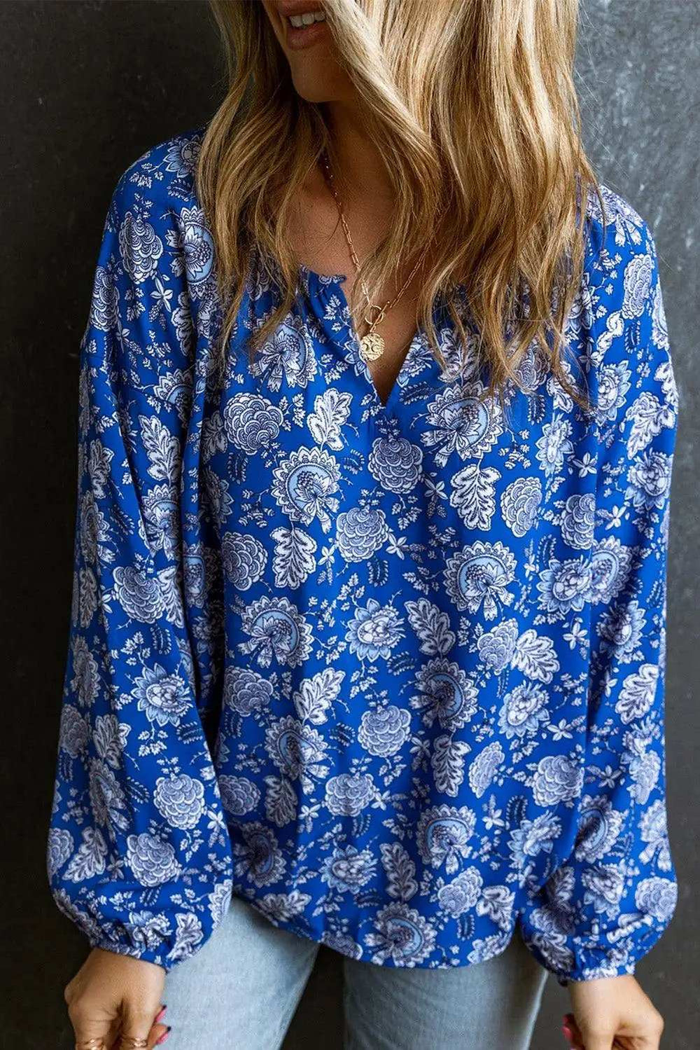 Floral Notched Neck Balloon Sleeve Blouse - Trendsi - Flyclothing LLC