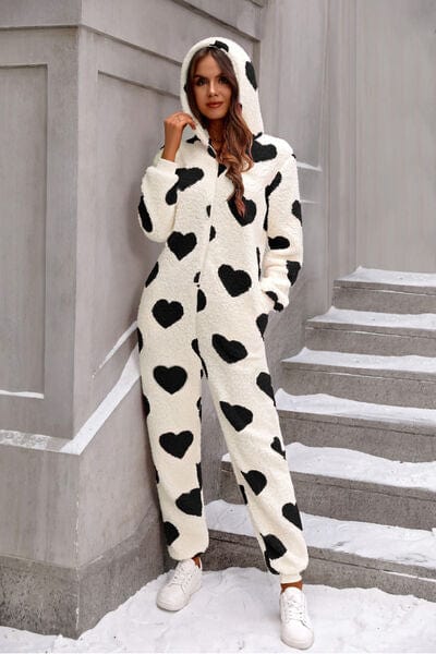 Fuzzy Heart Zip Up Hooded Lounge Jumpsuit - Trendsi