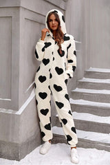 Fuzzy Heart Zip Up Hooded Lounge Jumpsuit - Trendsi
