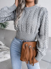 Cable-Knit Round Neck Sweater - Trendsi