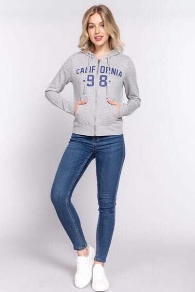 ACTIVE BASIC CALIFORNIA Zip Up Drawstring Long Sleeve Hoodie - Trendsi - Flyclothing LLC