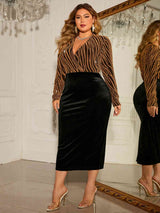 Plus Size Surplice Neck Long Sleeve Slit Dress - Trendsi - Flyclothing LLC