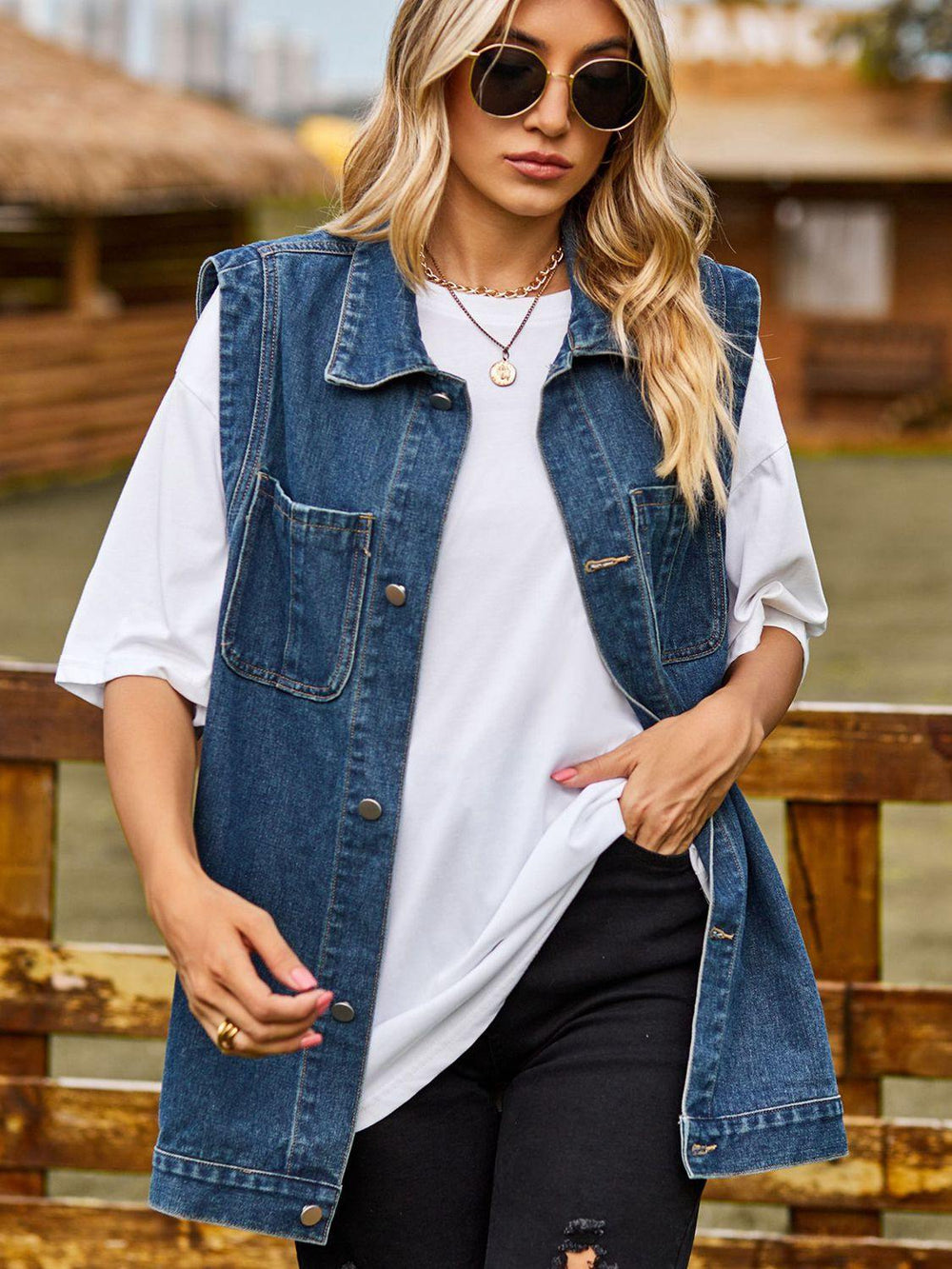 Button Down Denim Vest - Trendsi
