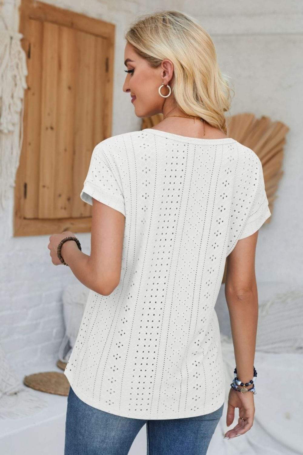 Eyelet Round Neck Rolled Short Sleeve T-Shirt - Trendsi - Flyclothing LLC