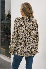 Printed Tie Neck Frill Trim Flounce Sleeve Blouse - Trendsi - Flyclothing LLC