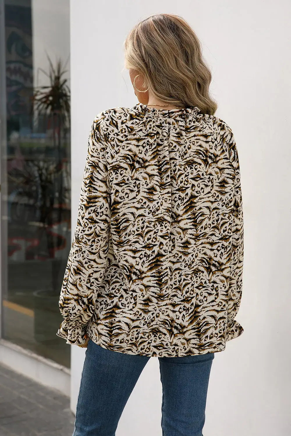 Printed Tie Neck Frill Trim Flounce Sleeve Blouse - Trendsi - Flyclothing LLC