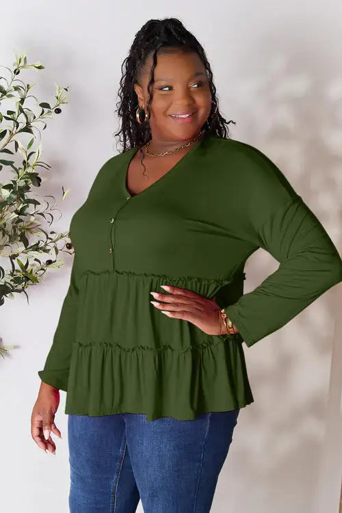 Double Take Half Button Long Sleeve Ruffle Hem Blouse - Trendsi - Flyclothing LLC