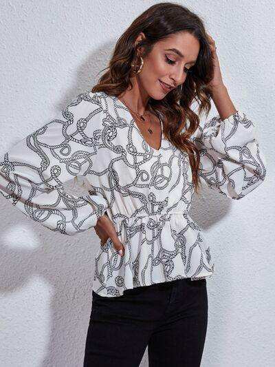 Printed V-Neck Balloon Sleeve Peplum Blouse - Trendsi - Flyclothing LLC