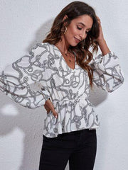 Printed V-Neck Balloon Sleeve Peplum Blouse - Trendsi