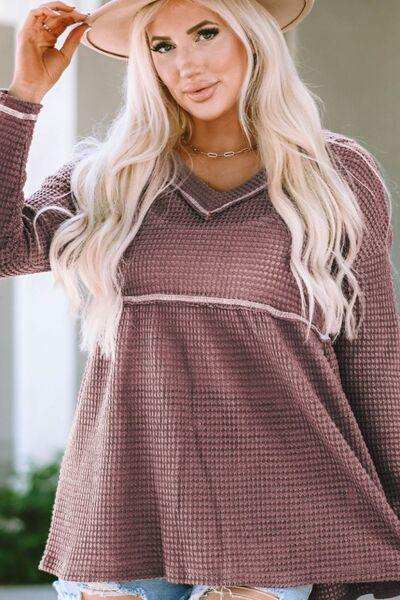 V-Neck Dropped Shoulder Long Sleeve T-Shirt - Trendsi - Flyclothing LLC