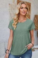 Eyelet Round Neck Rolled Short Sleeve T-Shirt - Trendsi - Flyclothing LLC