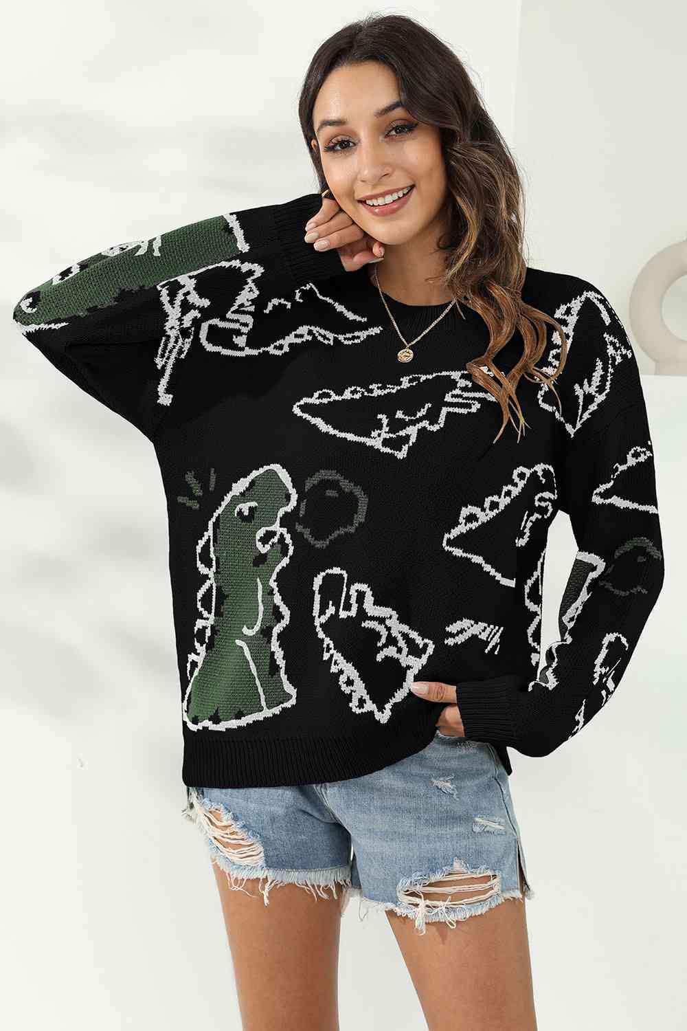 Dinosaur Print Pullover Sweater - Trendsi - Flyclothing LLC