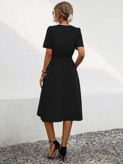 Tied Notched Short Sleeve Dress - Trendsi - Flyclothing LLC