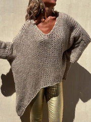 Contrast V-Neck Long Sleeve Sweater - Trendsi