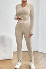 Ribbed V-Neck Long Sleeve Cropped Top and Pants Set - Trendsi - Flyclothing LLC