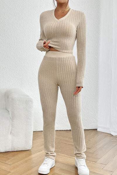 Ribbed V-Neck Long Sleeve Cropped Top and Pants Set - Trendsi - Flyclothing LLC