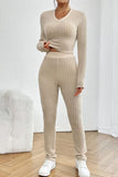 Ribbed V-Neck Long Sleeve Cropped Top and Pants Set - Trendsi