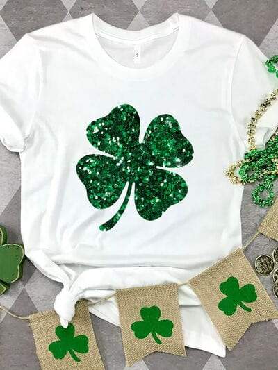 Lucky Clover Sequin Round Neck T-Shirt - Trendsi - Flyclothing LLC