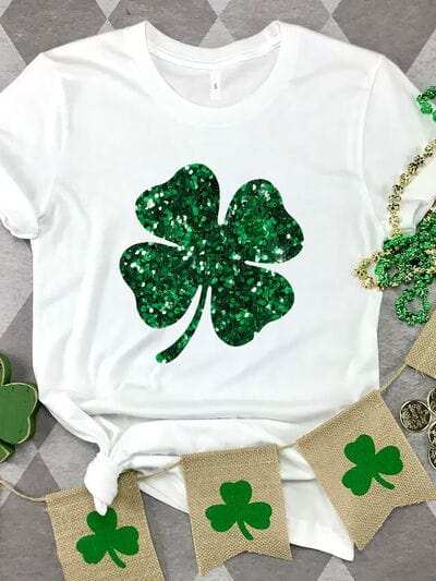 Lucky Clover Sequin Round Neck T-Shirt - Trendsi - Flyclothing LLC