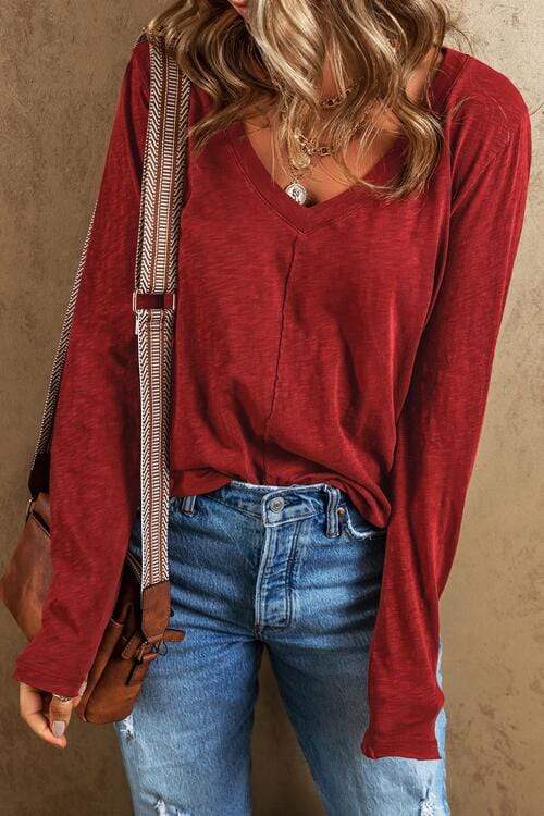 Exposed Seam V-Neck Long Sleeve T-Shirt - Trendsi - Flyclothing LLC