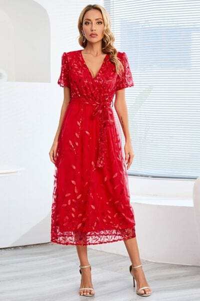 Sequin Leaf Embroidery Tie Front Short Sleeve Dress - Trendsi - Flyclothing LLC