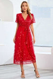 Sequin Leaf Embroidery Tie Front Short Sleeve Dress - Trendsi - Flyclothing LLC
