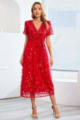 Sequin Leaf Embroidery Tie Front Short Sleeve Dress - Trendsi