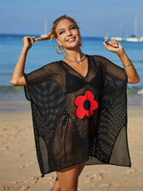 Openwork Flower V-Neck Short Sleeve Cover Up - Trendsi - Flyclothing LLC