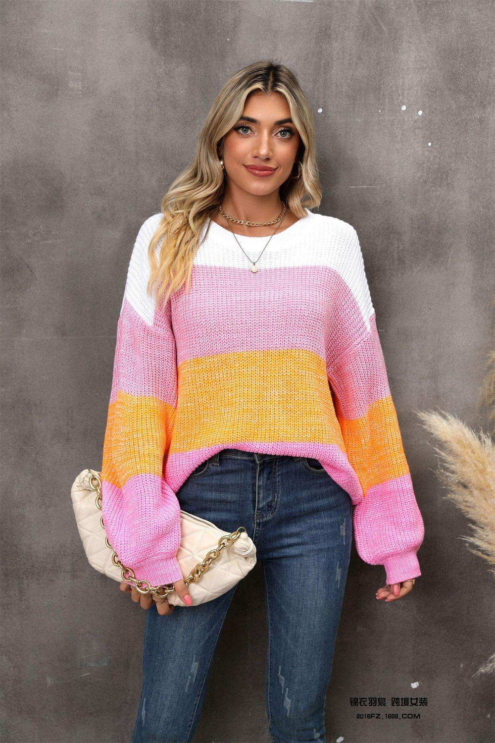 Color Block Round Neck Dropped Shoulder Sweater - Trendsi - Flyclothing LLC