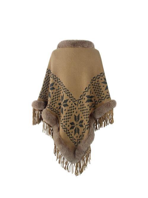 Fringe Geometric Cape Sleeve Poncho - Trendsi