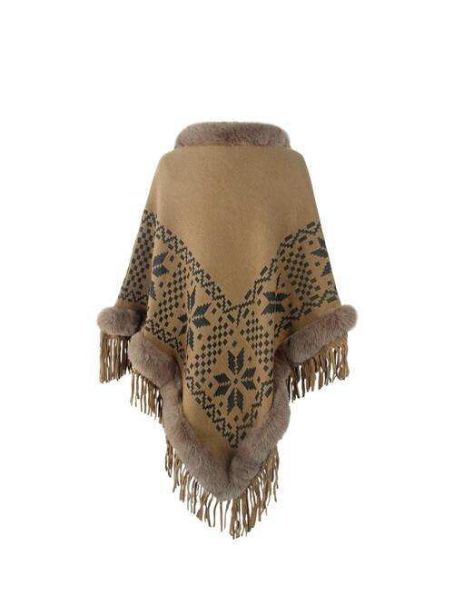 Fringe Geometric Cape Sleeve Poncho - Trendsi - Flyclothing LLC