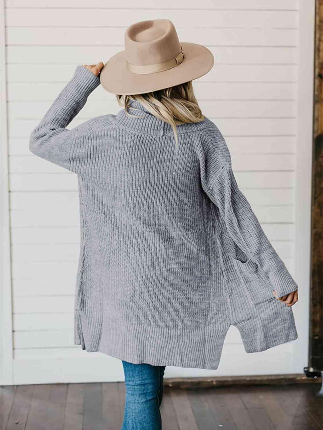 High-Low Open Front Cardigan with Pockets - Trendsi