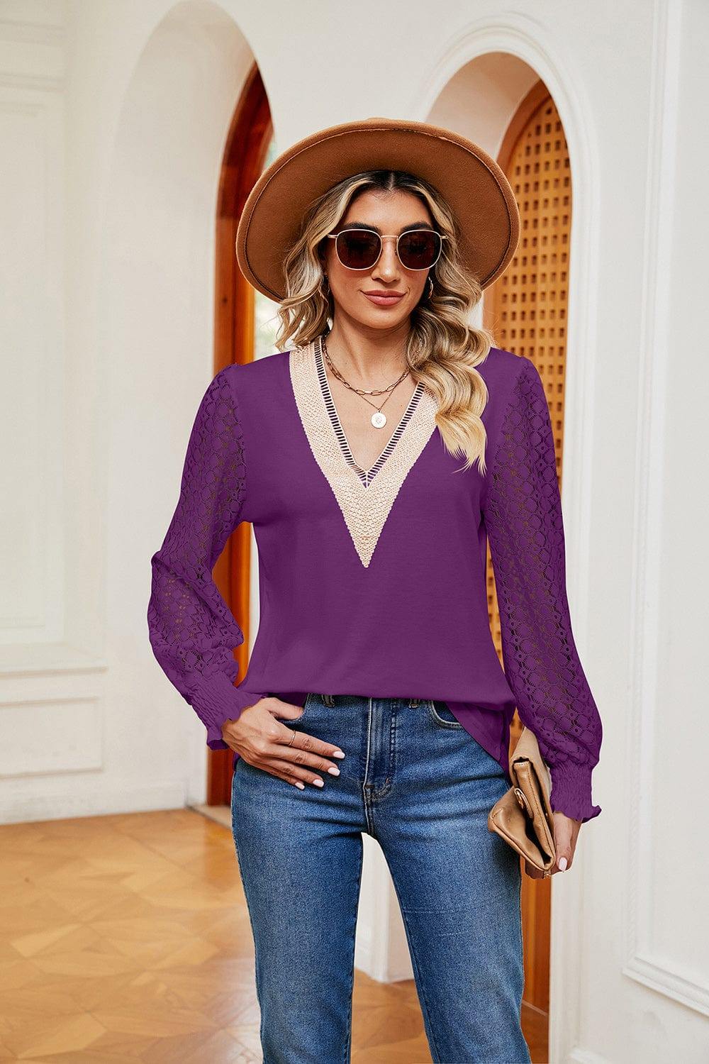 Contrast V-Neck Long Sleeve Blouse - Trendsi