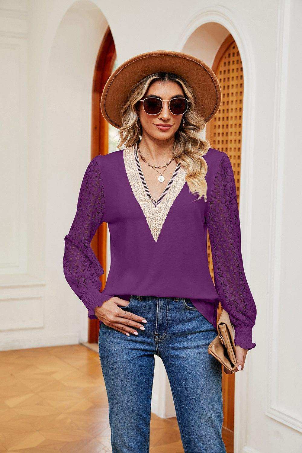 Contrast V-Neck Long Sleeve Blouse - Trendsi - Flyclothing LLC