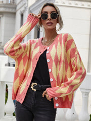 Argyle Button Front Drop Shoulder Cardigan - Trendsi