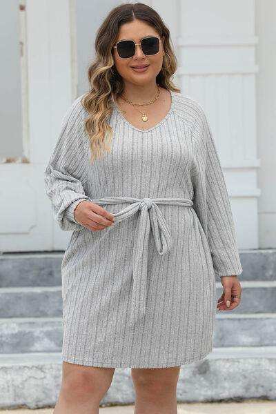 Plus Size Ribbed Tie Front Long Sleeve Sweater Dress - Trendsi - Flyclothing LLC