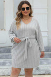 Plus Size Ribbed Tie Front Long Sleeve Sweater Dress - Trendsi - Flyclothing LLC