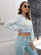 Houndstooth Johnny Collar Cropped Sweater - Trendsi - Flyclothing LLC