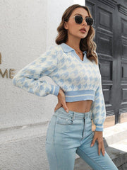 Houndstooth Johnny Collar Cropped Sweater - Trendsi