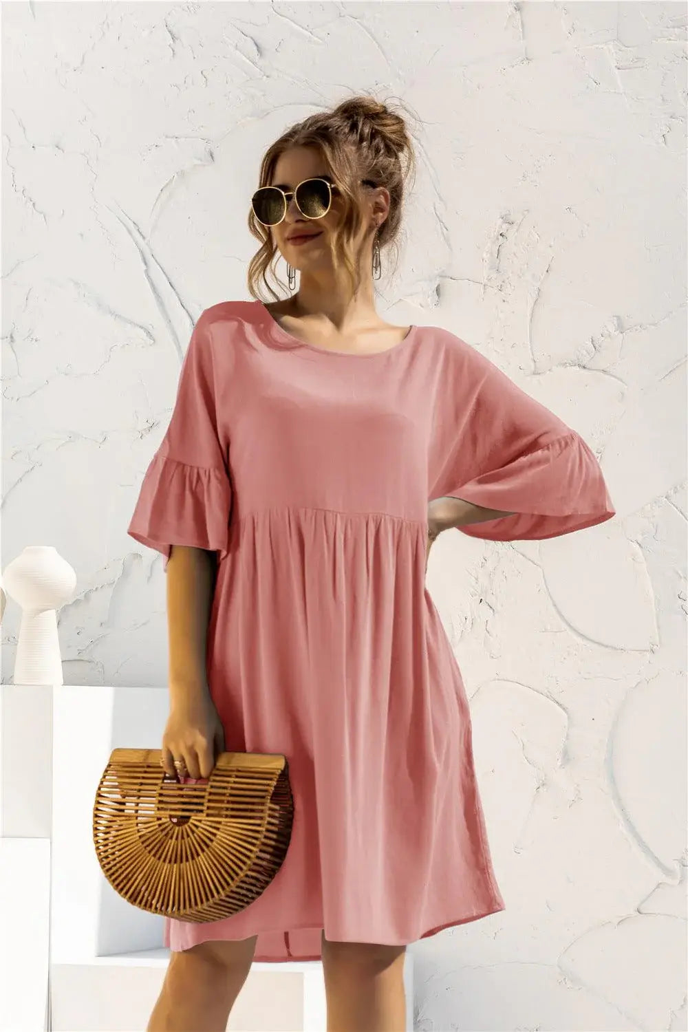 Boat Neck Flounce Sleeve Knee-Length Dress - Trendsi - Flyclothing LLC