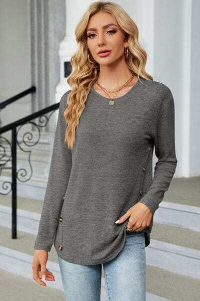 Decorative Button Round Neck T-Shirt - Trendsi - Flyclothing LLC