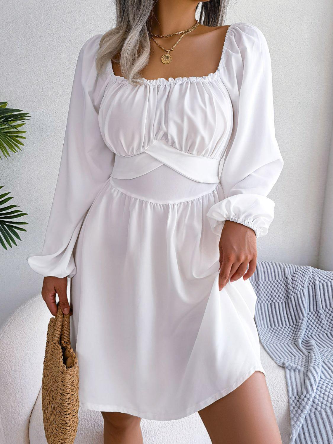 Tied Square Neck Balloon Sleeve Dress - Flyclothing LLC