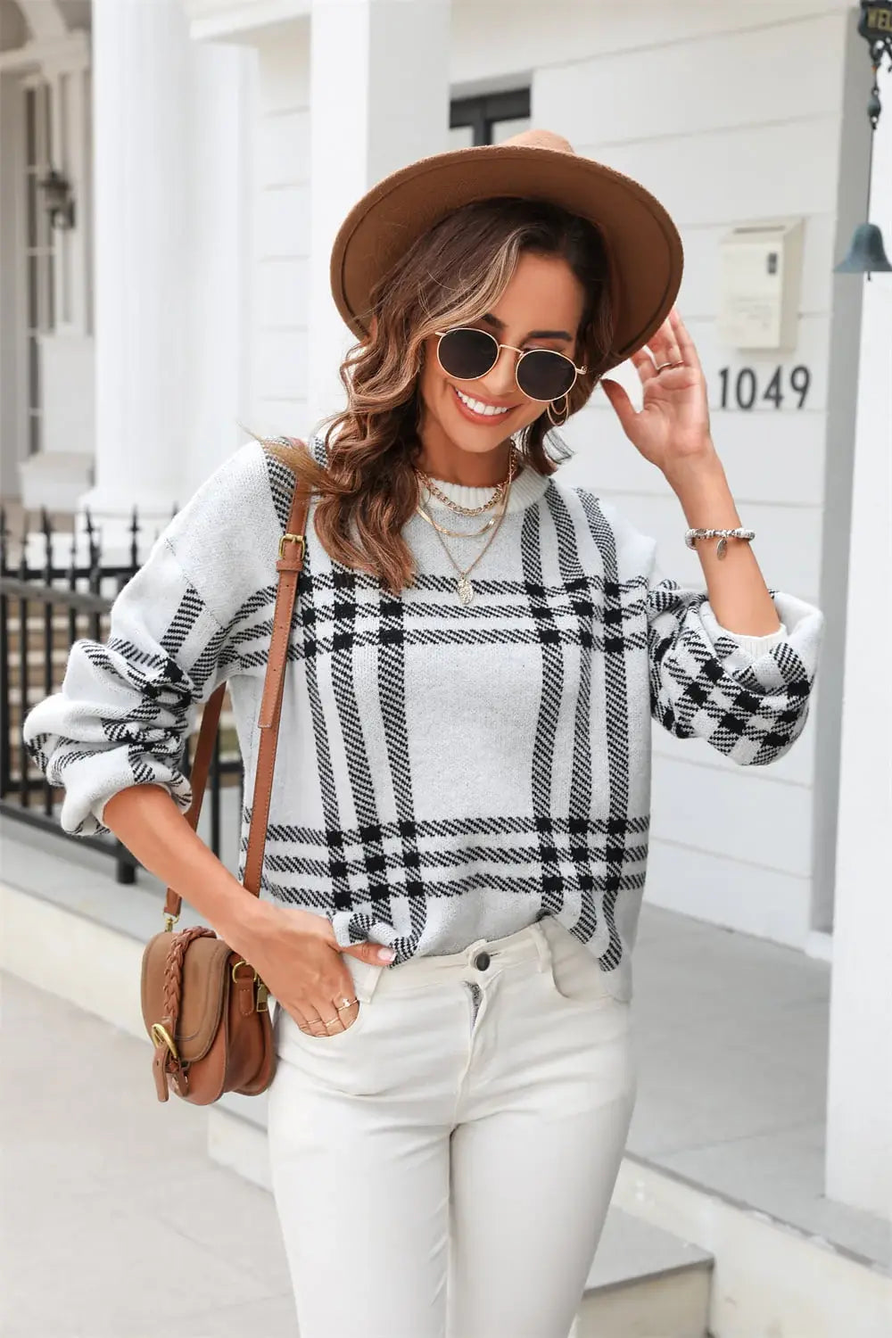 Printed Round Neck Dropped Shoulder Sweater - Trendsi - Flyclothing LLC