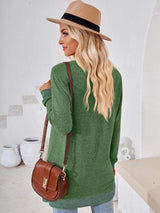 Crochet Contrast V-Neck Long Sleeve Slit T-Shirt - Trendsi - Flyclothing LLC